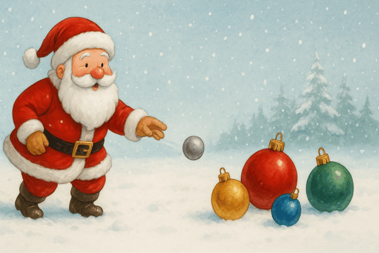 kerstman speelt pétanque in de sneeuw